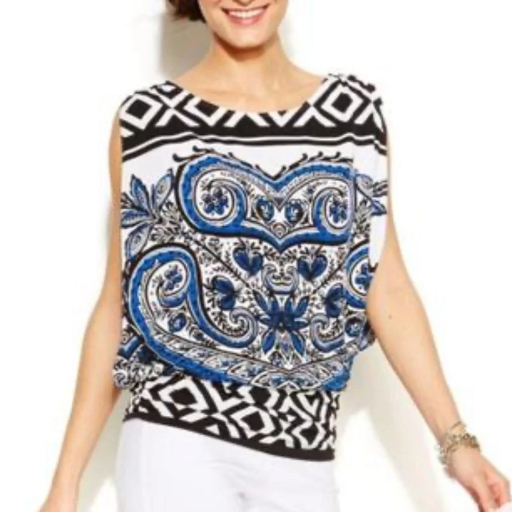 Alfani | Patterned Ruched Drop Waist Open Drape Blouse - Picture 2 of 9